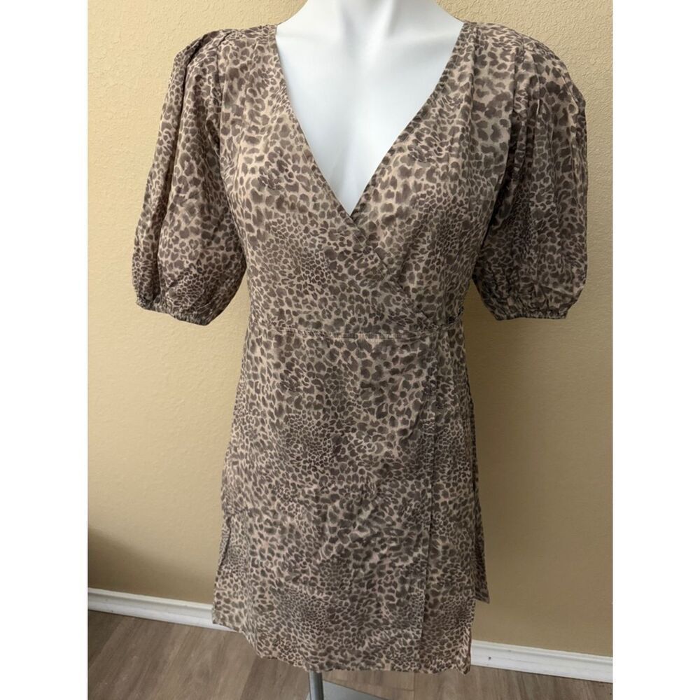 Gillia Taupe Leopard-Print Mini Wrap Dress with Puff Sleeves